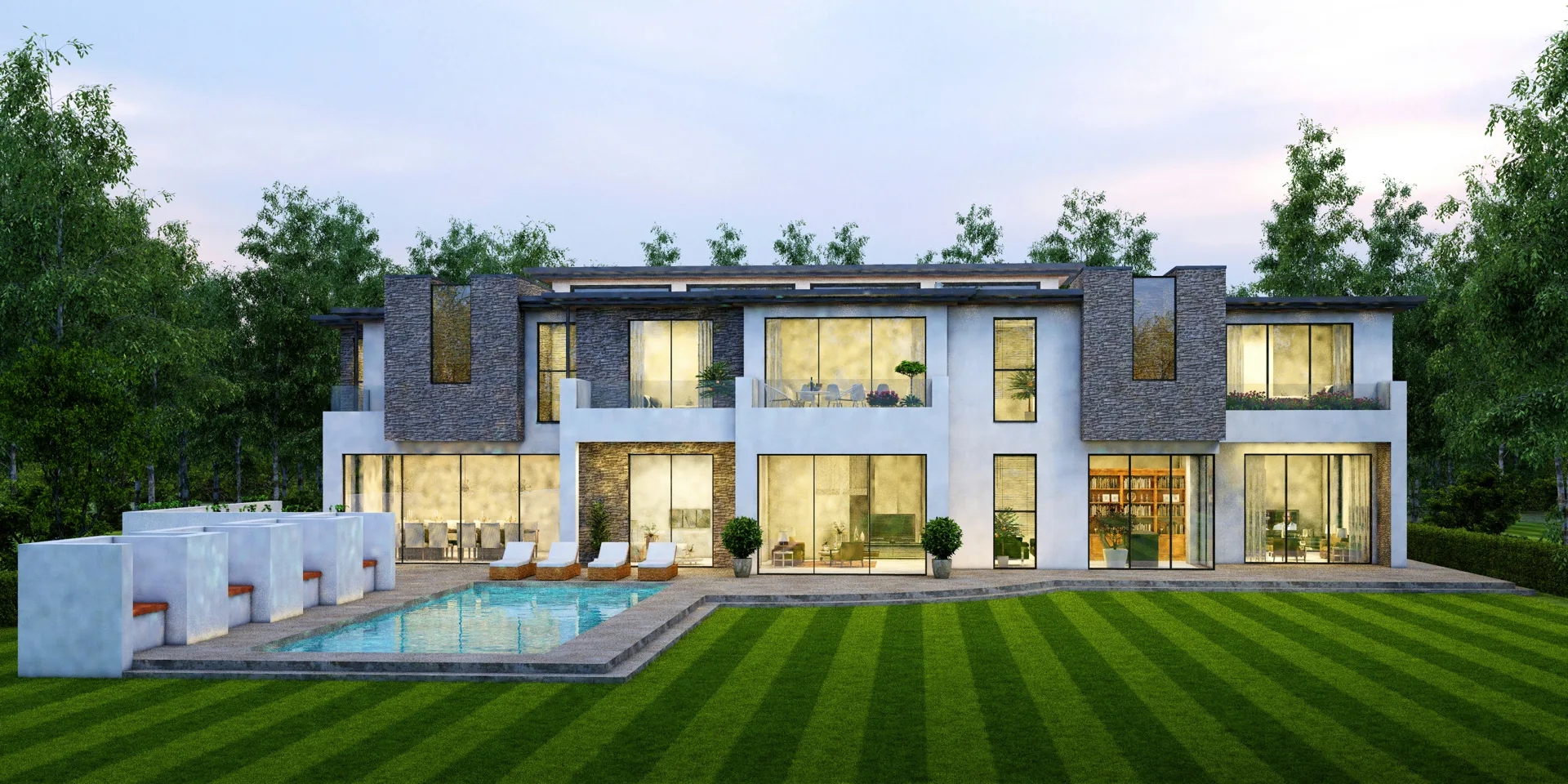 concrete pool deck at dusk at a luxury Regina home