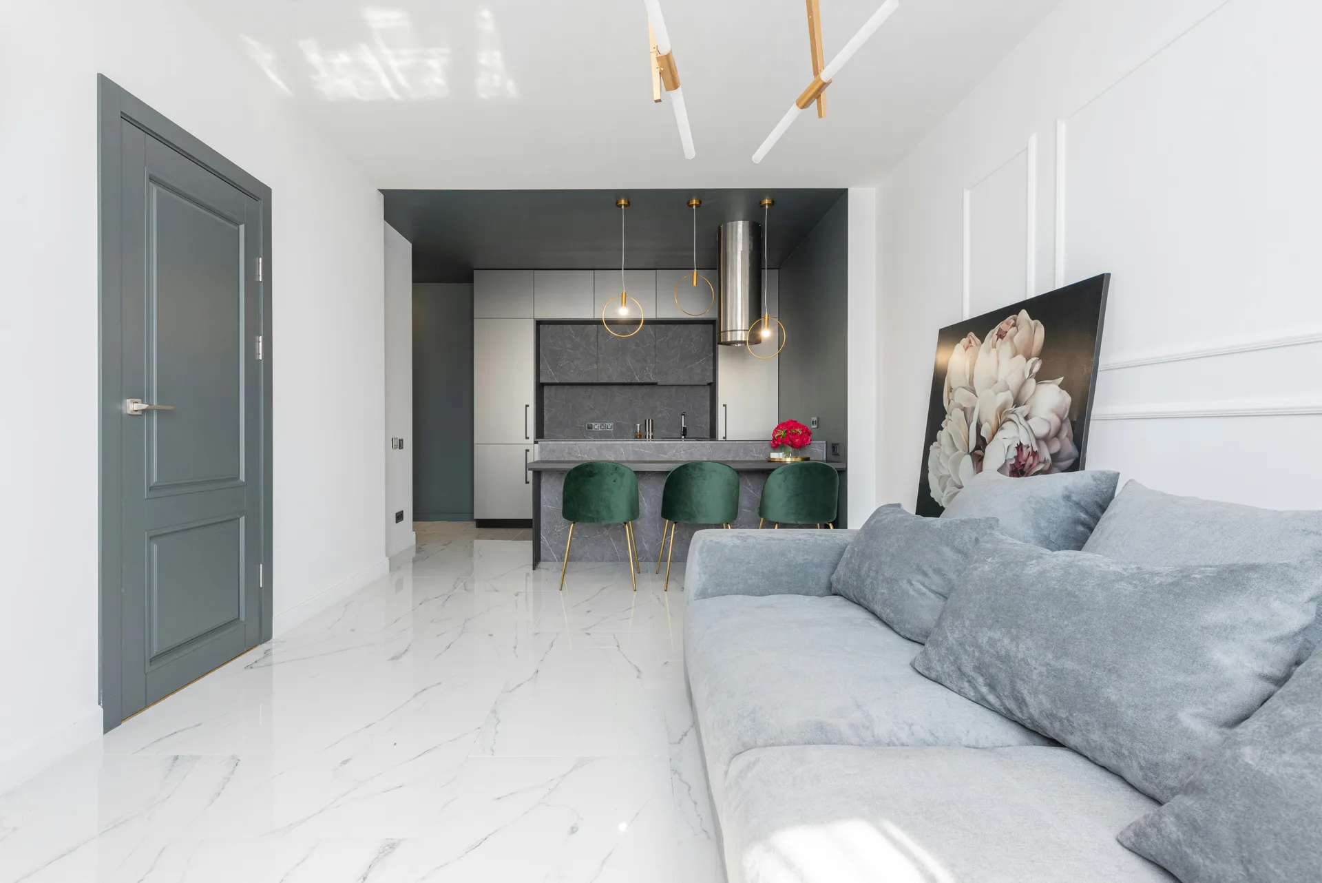 polished stone floor over a Laticrete underlayment in a Regina home